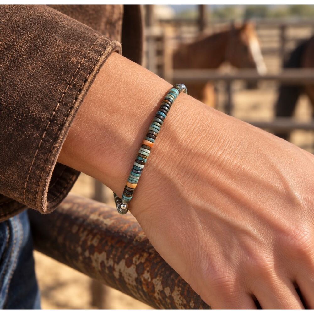 7" Spiny Oyster & Turquoise Heishi Bracelet – Sterling Silver